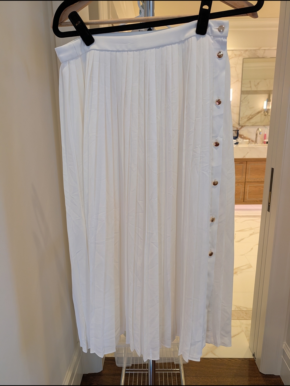J. Crew White Pleated Midi Skirt with Side Button Detail